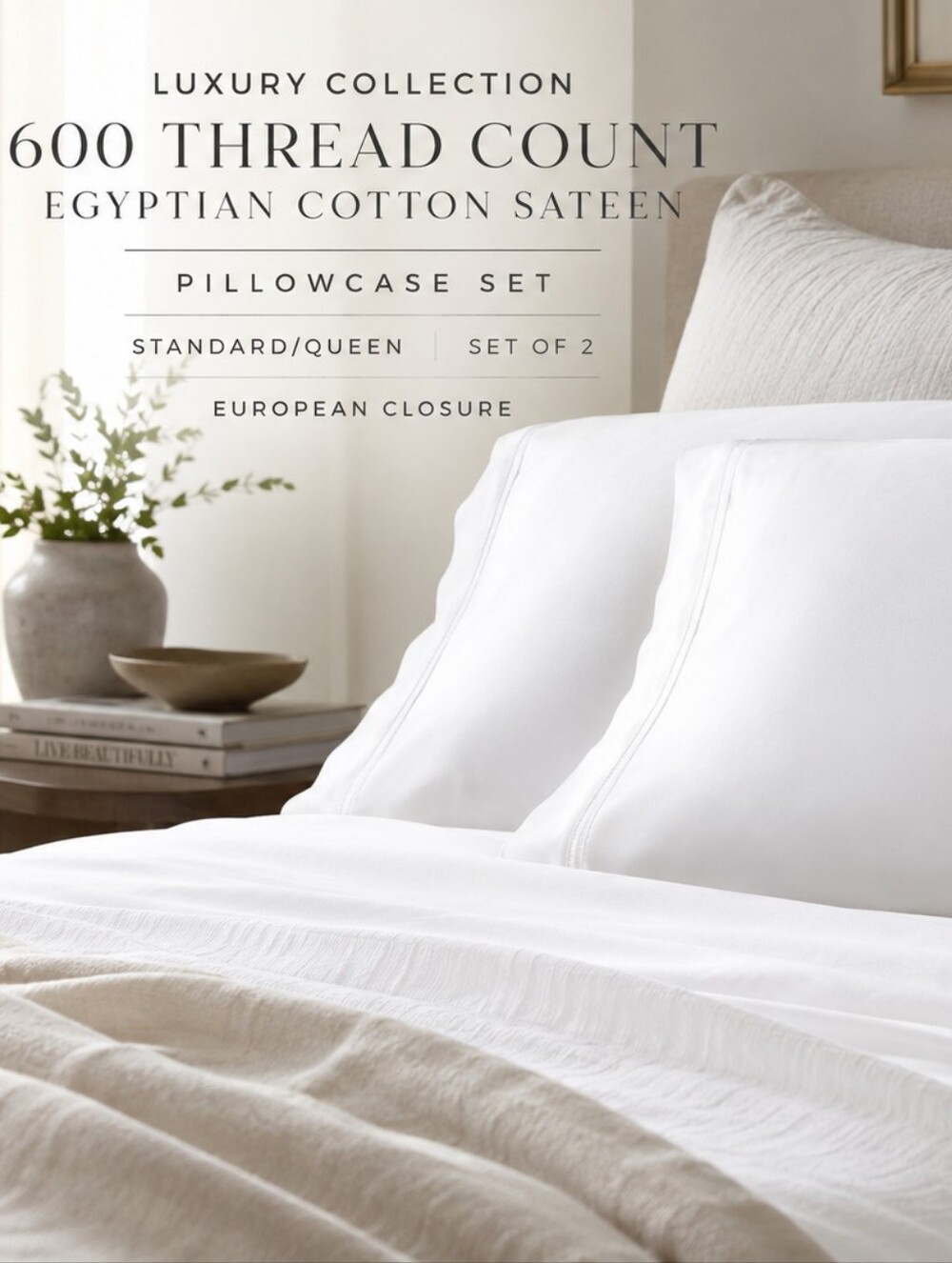600 TC Egyptian Cotton Sateen Pillowcase Set White Standard Queen Hotel Luxury